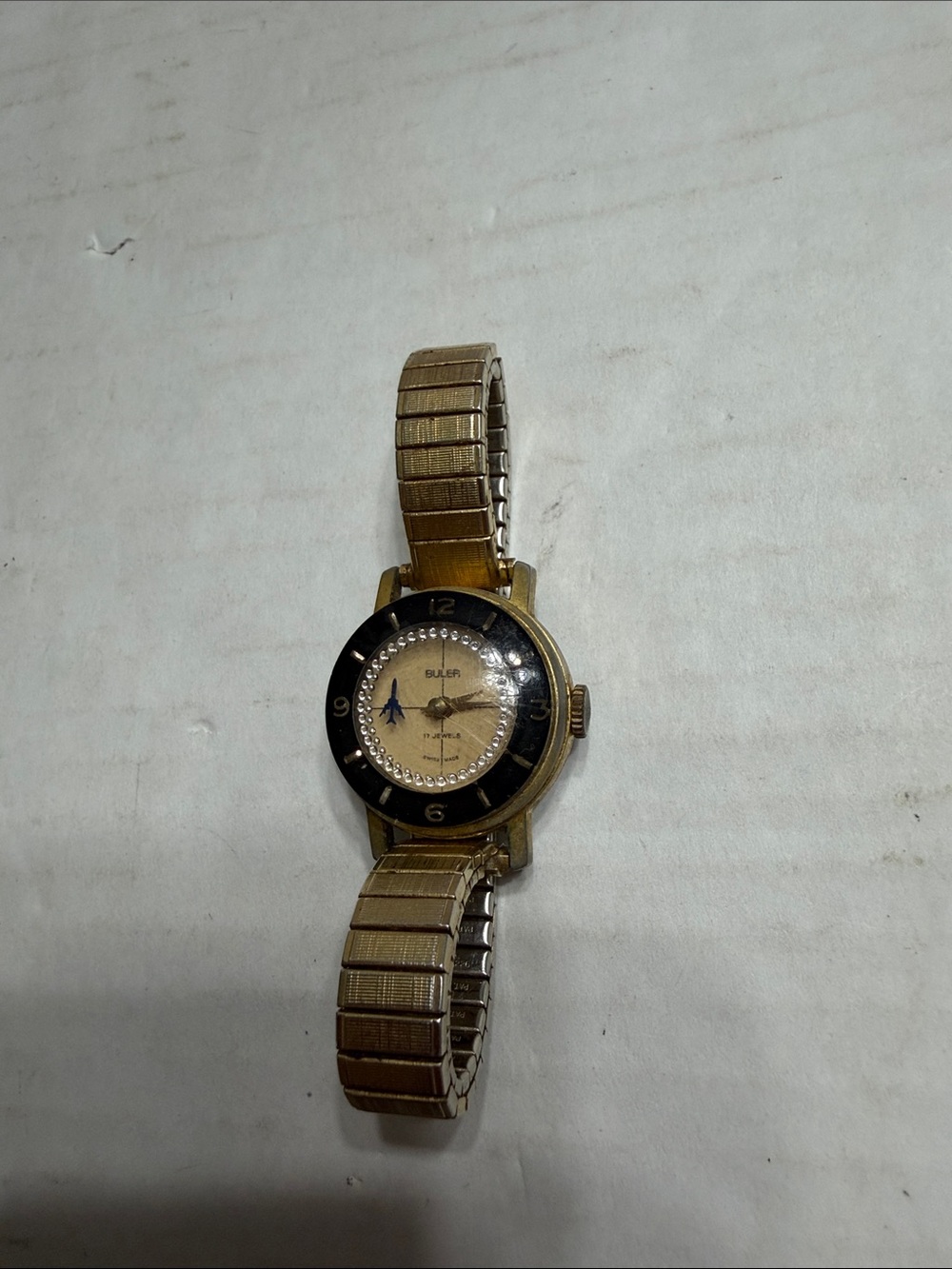Vintage Buler Ladies Gold-Tone Watch with Black Bezel
